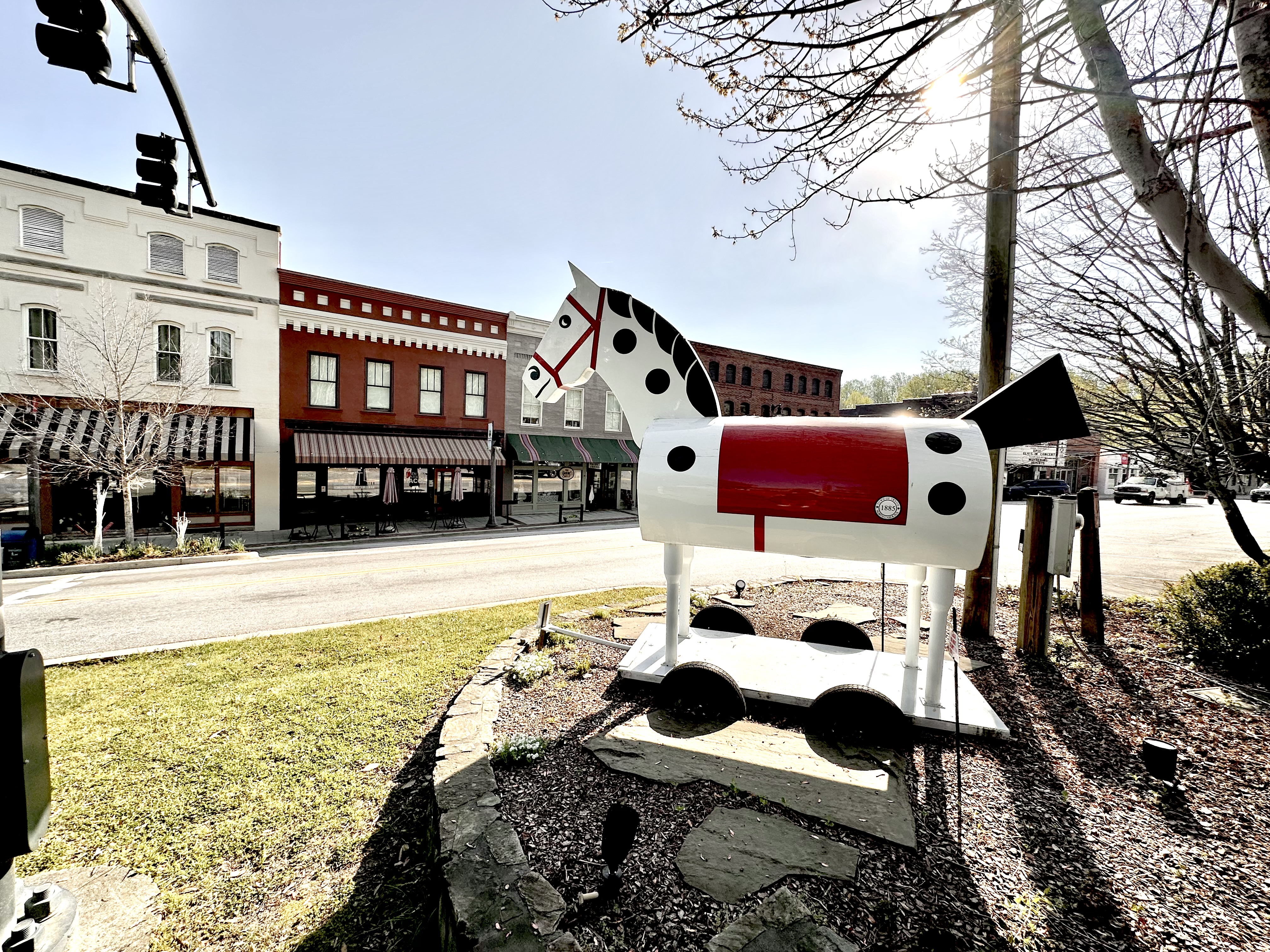 Tryon NC downtown Morris Buildings with iconic horse mailbox on Trade Street